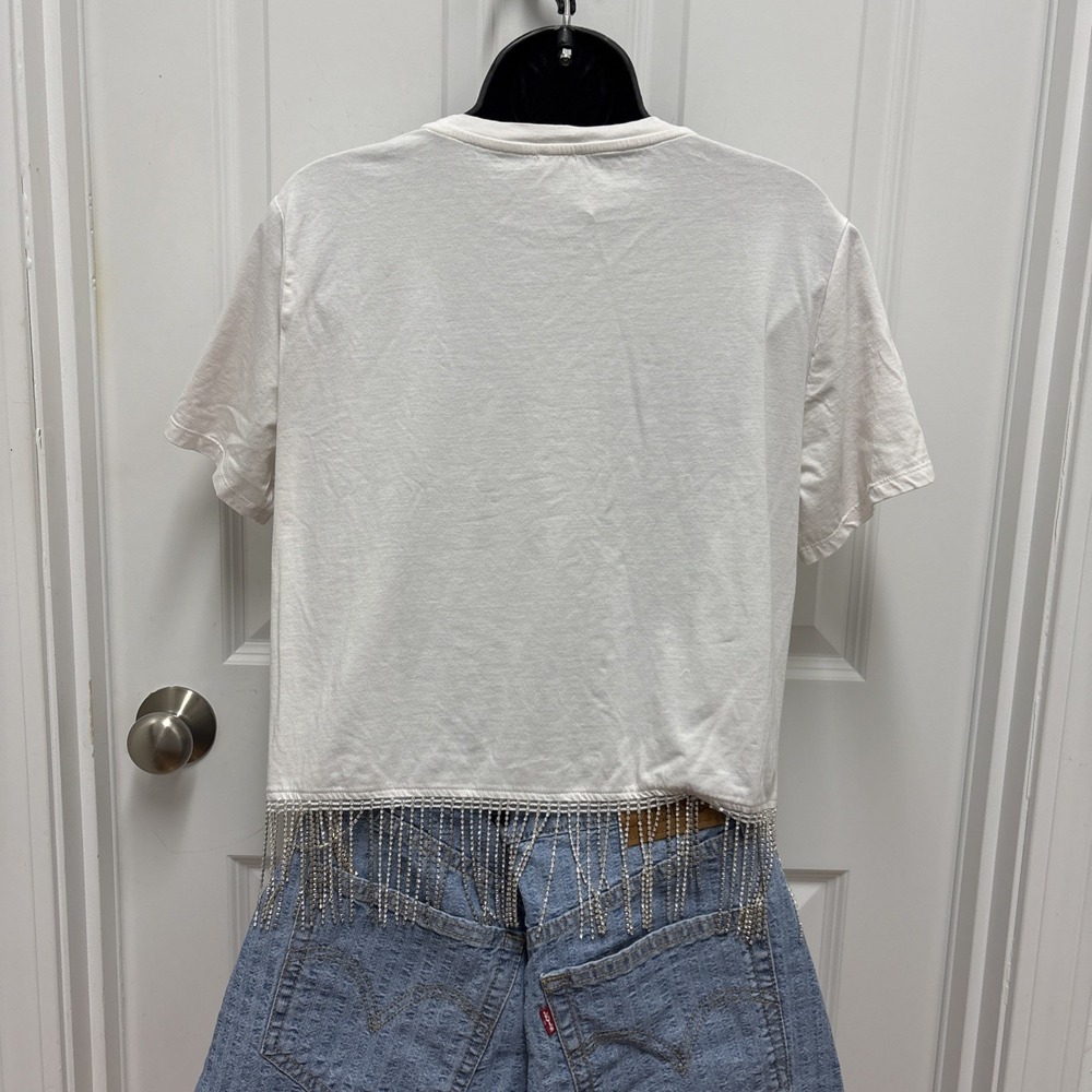 Joie White Cotton Cropped Sequin Crop Short Sleeve‎ Top - Size Large - Picture 2 of 5